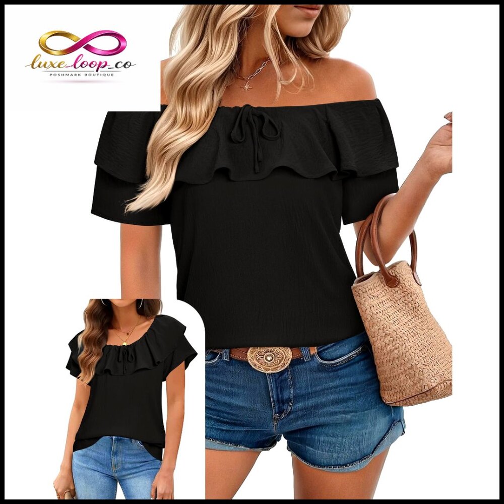 Chiffon Convertible Off Shoulder Blouse With Flutter Sleeves And Bow Tie